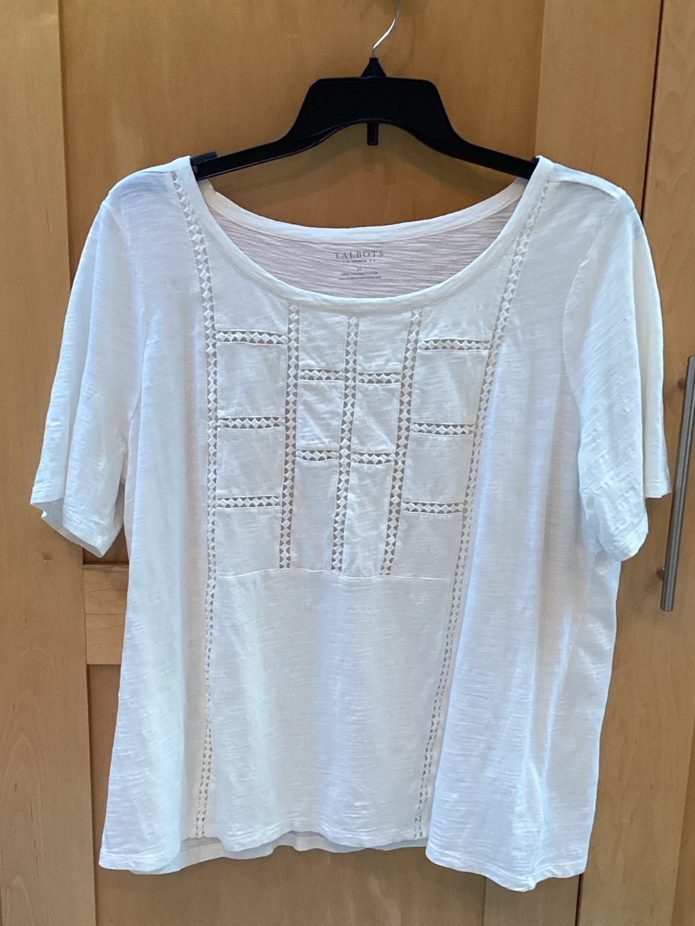 Talbots White Crochet-Inset Scoop Neck Short Sleeve Tee